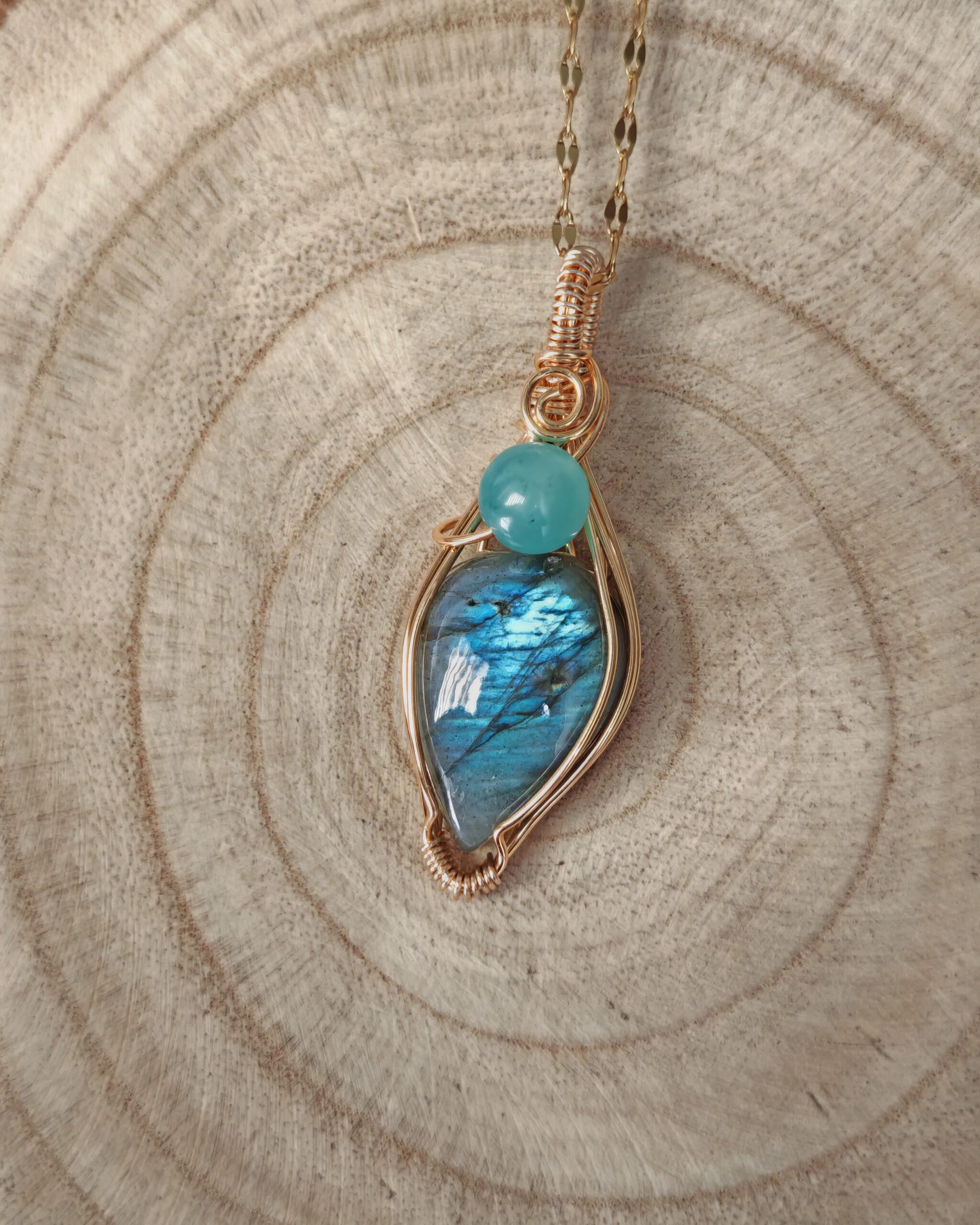 Ciondolo con labradorite blu e perlina in amazzonite ghiaccio